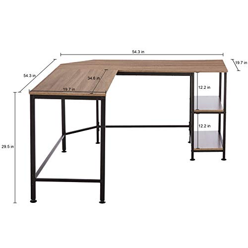 Amazon Basics L-Shape Computer Desk with Shelves for Storage, 54.3 Inch, Espresso with Black Frame