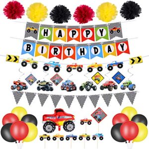 39 piece truck birthday party supplies happy birthday banner truck banner triangle bunting flags pom poms flowers hanging swirls truck shape balloons multicolor balloons cupcake topper