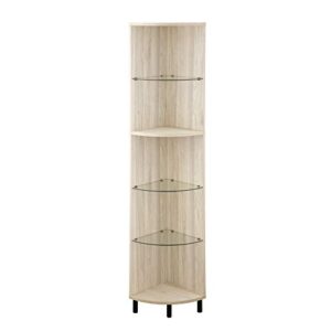 Walker Edison Saxon Modern Wood and Glass 4 Shelf Corner Console, 68 Inch, Birch