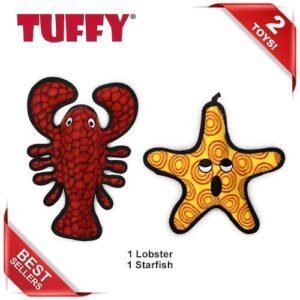 TUFFY - World's Tuffest Soft Dog Toy - Ocean Larry Lobster -Squeakers - Multiple Layers. Made Durable, Strong & Tough. Interactive Play (Tug, Toss & Fetch). Machine Washable & Floats. (Combo Pack)