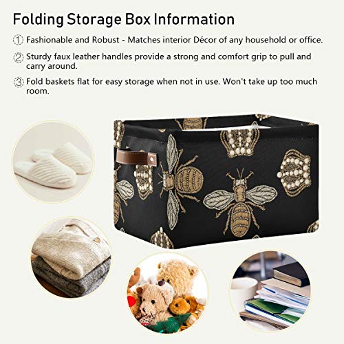 AGONA Gold Embroidery Bee Crown Black Foldable Storage Bin Large Collapsible Fabric Storage Box Organizer Containers Baskets with Leather Handles for Shelves Home Bedroom Organizer Nursery Office 2 Pa