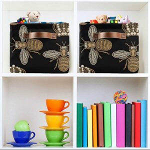 AGONA Gold Embroidery Bee Crown Black Foldable Storage Bin Large Collapsible Fabric Storage Box Organizer Containers Baskets with Leather Handles for Shelves Home Bedroom Organizer Nursery Office 2 Pa
