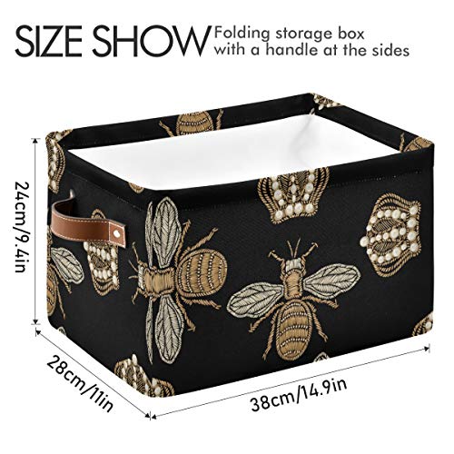 AGONA Gold Embroidery Bee Crown Black Foldable Storage Bin Large Collapsible Fabric Storage Box Organizer Containers Baskets with Leather Handles for Shelves Home Bedroom Organizer Nursery Office 2 Pa