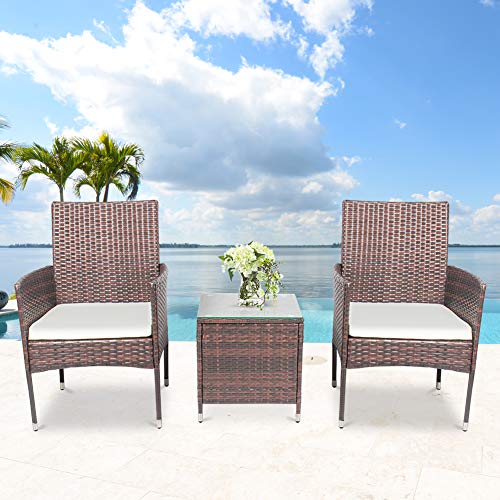 Recaceik, 2 upholstered top Dining （Brown） Patio, 3 Piece Set Outdoor Space-Saving Rattan Glass Tables and Chairs