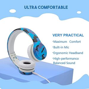 YUSONIC Kids Headphones with Graphic Design, Two Audio Port for Sharing 85 db Toddler Headphones for Kids with mic Boys Girls Baby Children Toddlers School Travel use (camo Blue)