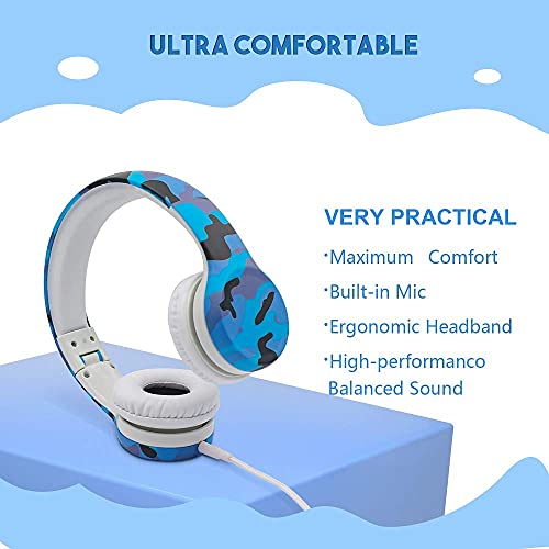 YUSONIC Kids Headphones with Graphic Design, Two Audio Port for Sharing 85 db Toddler Headphones for Kids with mic Boys Girls Baby Children Toddlers School Travel use (camo Blue)