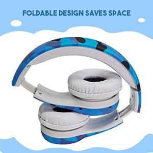 YUSONIC Kids Headphones with Graphic Design, Two Audio Port for Sharing 85 db Toddler Headphones for Kids with mic Boys Girls Baby Children Toddlers School Travel use (camo Blue)