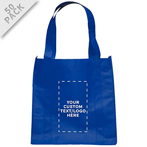 DISCOUNT PROMOS Custom Reusable Grocery Tote Bag for Shopping - 50 Pack - Personalized Logo, Text -Small Foldable Bags – Blue