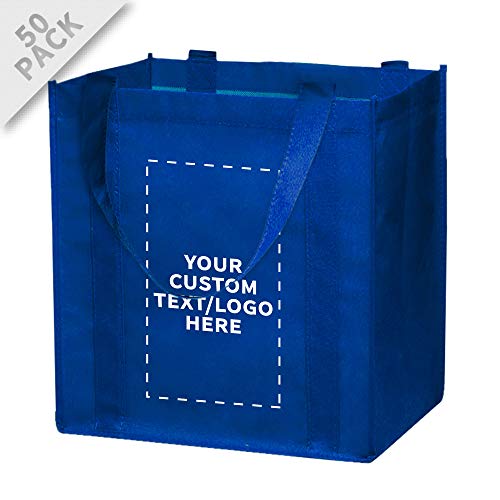 DISCOUNT PROMOS Custom Reusable Grocery Tote Bag for Shopping - 50 Pack - Personalized Logo, Text -Small Foldable Bags – Blue