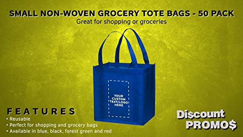 DISCOUNT PROMOS Custom Reusable Grocery Tote Bag for Shopping - 50 Pack - Personalized Logo, Text -Small Foldable Bags – Blue