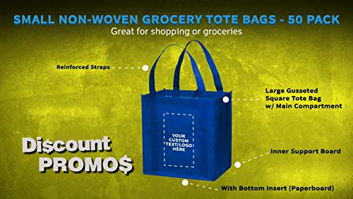 DISCOUNT PROMOS Custom Reusable Grocery Tote Bag for Shopping - 50 Pack - Personalized Logo, Text -Small Foldable Bags – Blue