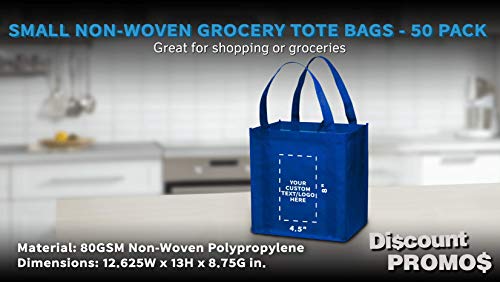 DISCOUNT PROMOS Custom Reusable Grocery Tote Bag for Shopping - 50 Pack - Personalized Logo, Text -Small Foldable Bags – Blue