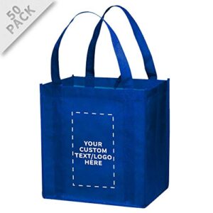 DISCOUNT PROMOS Custom Reusable Grocery Tote Bag for Shopping - 50 Pack - Personalized Logo, Text -Small Foldable Bags – Blue