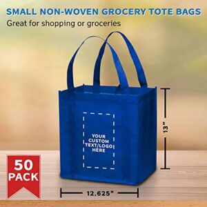 DISCOUNT PROMOS Custom Reusable Grocery Tote Bag for Shopping - 50 Pack - Personalized Logo, Text -Small Foldable Bags – Blue