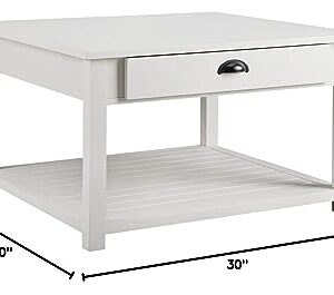 Walker Edison Modern Country Square Coffee Table Living Room Accent Ottoman Storage Shelf, 30 Inch, Brushed White