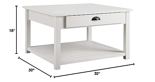 Walker Edison Modern Country Square Coffee Table Living Room Accent Ottoman Storage Shelf, 30 Inch, Brushed White