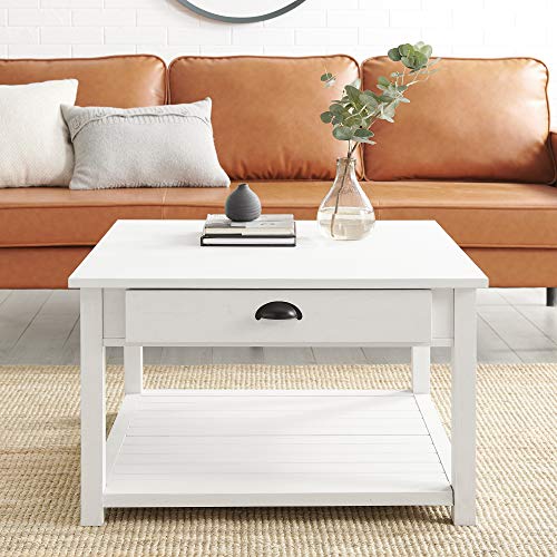 Walker Edison Modern Country Square Coffee Table Living Room Accent Ottoman Storage Shelf, 30 Inch, Brushed White