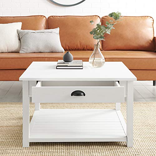 Walker Edison Modern Country Square Coffee Table Living Room Accent Ottoman Storage Shelf, 30 Inch, Brushed White