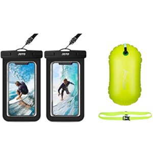 joto (2 pack universal waterproof pouch for iphone 11 pro max, galaxy s20 note 10+ up to 6.9" bundle with swim buoy float (neon yellow)