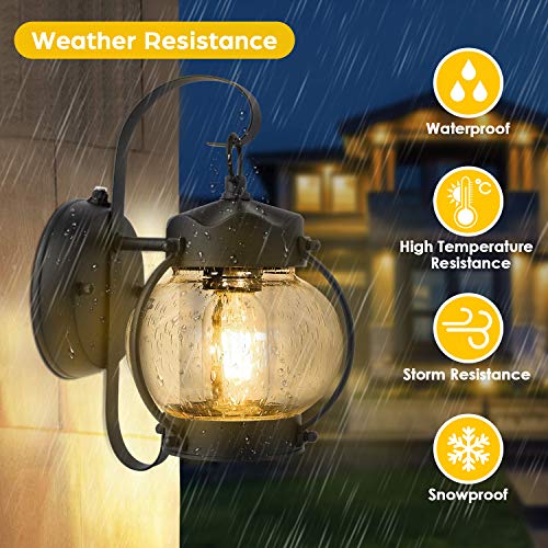 Dusk to Dawn Porch Light, Exterior Wall Sconces, Outdoor Light Fixtures Matte Black, Small Exterior Wall Lights with Seeded Glass, Waterproof Anti-Rust Wall Mount Lamp for Doorway Entryway, 2 Packs