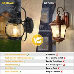 Dusk to Dawn Porch Light, Exterior Wall Sconces, Outdoor Light Fixtures Matte Black, Small Exterior Wall Lights with Seeded Glass, Waterproof Anti-Rust Wall Mount Lamp for Doorway Entryway, 2 Packs