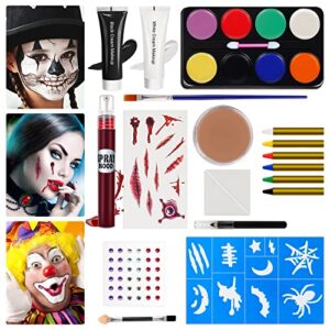 halloween makeup kit, white black skeleton face paint, clown witch makeup palette, vampire zombie makeup kids adult special effects: fake blood scar wax tattoos stencils crayons set