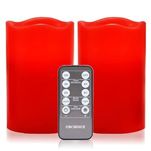 urchoice red flameless candles battery operated pillar real wax realistic flickering electric led candle(dia 4" x h 6") set of 2, with 10-key remote and cycling 24 hours timer