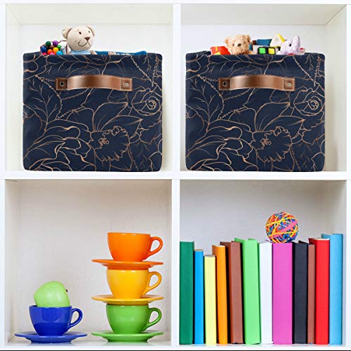 AGONA Large Foldable Storage Bin Navy Blue Gold Rose Peony Floral Storage Bins Collapsible Decorative Fabric Storage Baskets with Leather Handles for Home Closet Bedroom Organizer Nursery 1 Pack