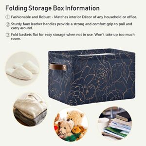 AGONA Large Foldable Storage Bin Navy Blue Gold Rose Peony Floral Storage Bins Collapsible Decorative Fabric Storage Baskets with Leather Handles for Home Closet Bedroom Organizer Nursery 1 Pack