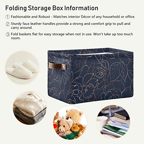 AGONA Large Foldable Storage Bin Navy Blue Gold Rose Peony Floral Storage Bins Collapsible Decorative Fabric Storage Baskets with Leather Handles for Home Closet Bedroom Organizer Nursery 1 Pack