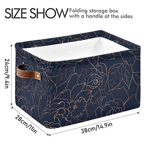 AGONA Large Foldable Storage Bin Navy Blue Gold Rose Peony Floral Storage Bins Collapsible Decorative Fabric Storage Baskets with Leather Handles for Home Closet Bedroom Organizer Nursery 1 Pack