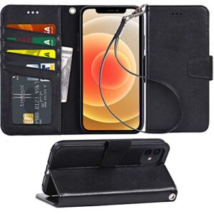 arae case for iphone 12 / iphone 12 pro 6.1 inch wallet case flip cover with card holder and wrist strap for iphone 12 / iphone 12 pro 6.1 inch - black