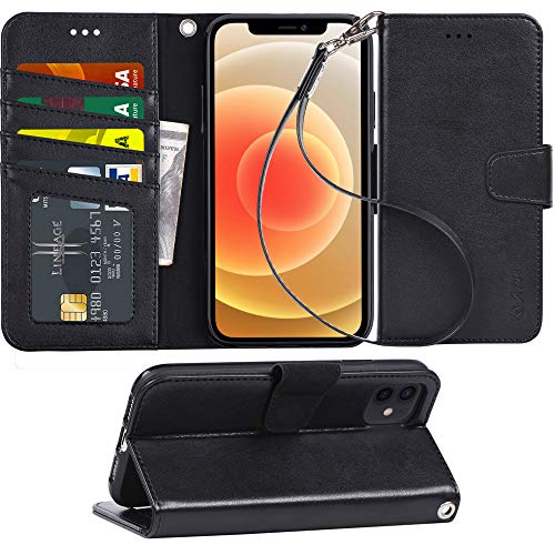 Arae Case for iPhone 12 / iPhone 12 Pro 6.1 inch Wallet Case Flip Cover with Card Holder and Wrist Strap for iPhone 12 / iPhone 12 Pro 6.1 inch - Black