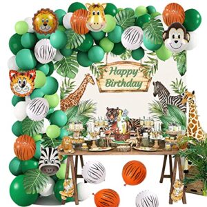 safari birthday decorations for boy jungle theme party supplies green balloon garland arch kit with happy birthday backdrop animal balloons palm leaves