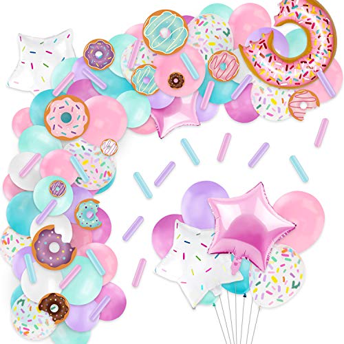 Levfla Donut Balloons Garland Pastel Decoration Kits 100 PCS Sprinkles Confetti Doughnut Backdrop Cutouts Kids Birthday Party Balloons Arch Photo Props Favor Ideas Supplies