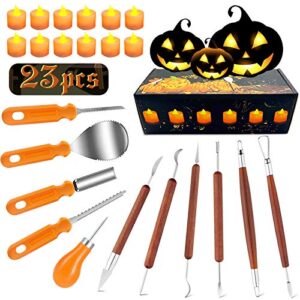 annido halloween pumpkin carving kit, 11 pieces professional pumpkin cutting supplies tools with 12 pumpkin led candles, stainless steel jack-o-lanter carving knife set for halloween decoration