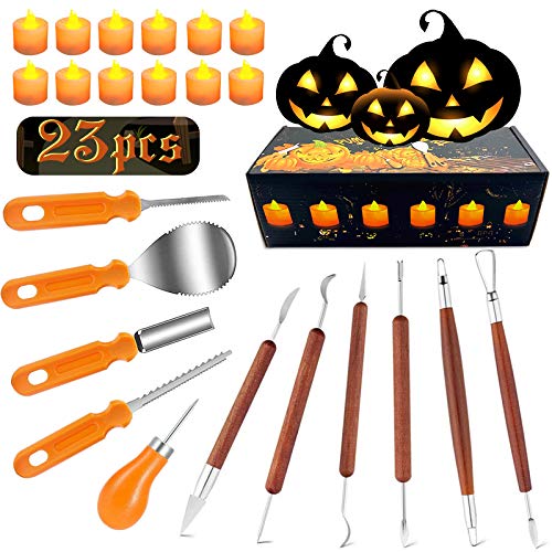 AnNido Halloween Pumpkin Carving Kit, 11 Pieces Professional Pumpkin Cutting Supplies Tools with 12 Pumpkin LED Candles, Stainless Steel Jack-O-Lanter Carving Knife Set for Halloween Decoration