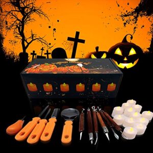 AnNido Halloween Pumpkin Carving Kit, 11 Pieces Professional Pumpkin Cutting Supplies Tools with 12 Pumpkin LED Candles, Stainless Steel Jack-O-Lanter Carving Knife Set for Halloween Decoration