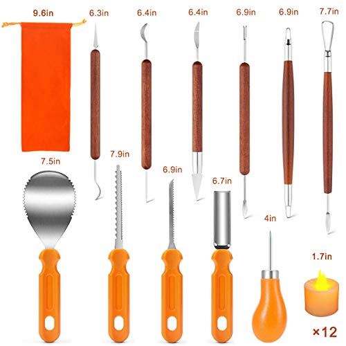 AnNido Halloween Pumpkin Carving Kit, 11 Pieces Professional Pumpkin Cutting Supplies Tools with 12 Pumpkin LED Candles, Stainless Steel Jack-O-Lanter Carving Knife Set for Halloween Decoration