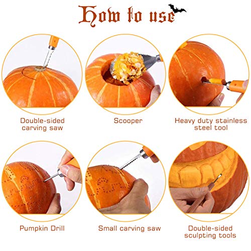 AnNido Halloween Pumpkin Carving Kit, 11 Pieces Professional Pumpkin Cutting Supplies Tools with 12 Pumpkin LED Candles, Stainless Steel Jack-O-Lanter Carving Knife Set for Halloween Decoration