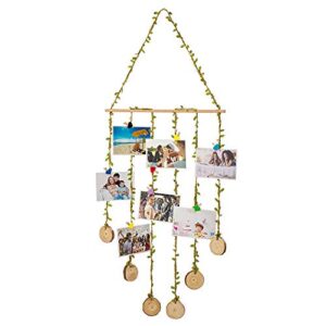 hanging photo display, wall hanging photo holders multi photo display with 8 wood clips and 1 wall hook, picture holders frame collage decoration for home office nursery room dorm holiday card display