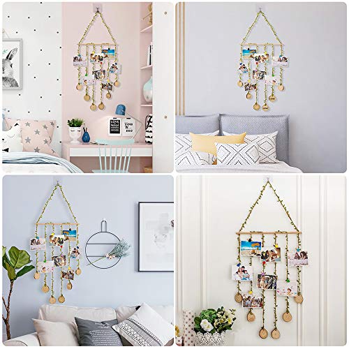 Hanging Photo Display, Wall Hanging Photo Holders Multi Photo Display with 8 Wood Clips and 1 Wall Hook, Picture Holders Frame Collage Decoration for Home Office Nursery Room Dorm Holiday Card Display