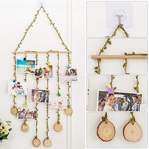 Hanging Photo Display, Wall Hanging Photo Holders Multi Photo Display with 8 Wood Clips and 1 Wall Hook, Picture Holders Frame Collage Decoration for Home Office Nursery Room Dorm Holiday Card Display