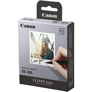 Canon SELPHY Square QX10 Compact Photo Printer, White - with Canon SELPHY Color Ink/Label Set XS-20L 20 Sheets