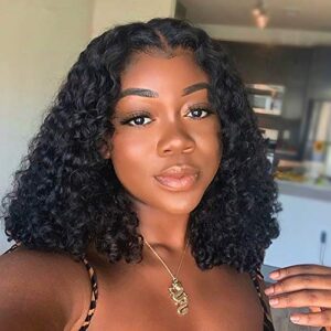 short bob wigs 4x4 lace closure wigs human hair brazilian curly lace front wigs human hair deep wave bob wigs for black women 150% density pre plucked with baby hair 14 inch