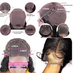 Short Bob Wigs 4x4 Lace Closure Wigs Human Hair Brazilian Curly Lace Front Wigs Human Hair Deep Wave Bob Wigs for Black Women 150% Density Pre Plucked with Baby hair 14 Inch