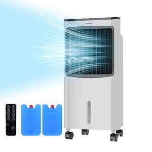 3-in-1 evaporative air cooler, wide oscillating air cooler with humidifier, remote control, 2 ice packs & 2.1 gallons water tank. portable tower fan for room, office & home
