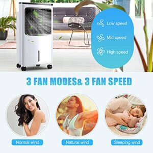 3-IN-1 Evaporative Air Cooler, Wide Oscillating Air Cooler with Humidifier, Remote Control, 2 Ice Packs & 2.1 Gallons Water Tank. Portable Tower fan for Room, Office & Home