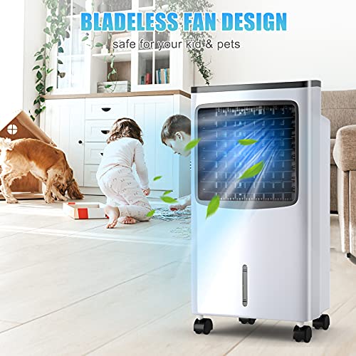 3-IN-1 Evaporative Air Cooler, Wide Oscillating Air Cooler with Humidifier, Remote Control, 2 Ice Packs & 2.1 Gallons Water Tank. Portable Tower fan for Room, Office & Home