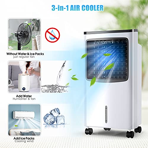 3-IN-1 Evaporative Air Cooler, Wide Oscillating Air Cooler with Humidifier, Remote Control, 2 Ice Packs & 2.1 Gallons Water Tank. Portable Tower fan for Room, Office & Home